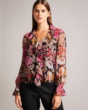 Chemisier Ted Baker Floral With Ruffled Front Noir Femme | BPD-49468846